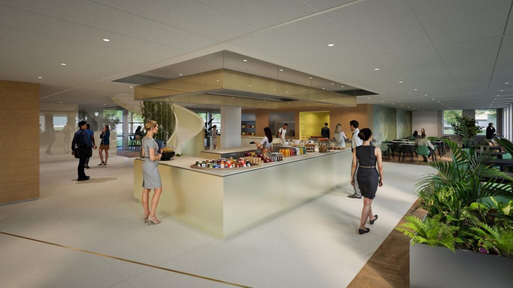Modern office canteen area in De Entree with people interacting, dining, and selecting items from a central food counter.